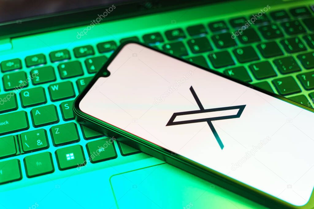Prague, Czechia - 8 20 2024: Smartphone on surface showing social network X logo
