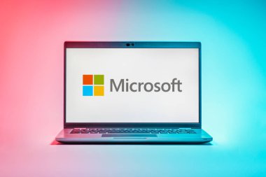 Prag, Çek Cumhuriyeti - 21 Ekim 2024: Microsoft logosunu gösteren modern dizüstü bilgisayar ekranı