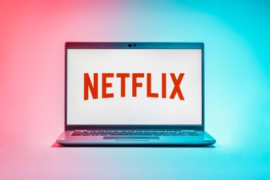Prag, Çek Cumhuriyeti - 21 Ekim 2024: Netflix logosunu gösteren modern dizüstü bilgisayar ekranı