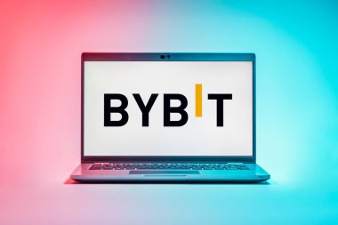 Prag, Çek Cumhuriyeti - 21 Ekim 2024: Yüzey arkaplanındaki modern laptop ekranı baybit logosunu gösteriyor