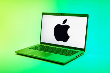 Prag, Çek Cumhuriyeti - 21 Ekim 2024: Elma logosunu gösteren modern dizüstü bilgisayar ekranı