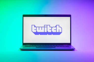 Prag, Çek Cumhuriyeti - 21 Ekim 2024: Yüzey arkaplanındaki modern laptop ekranı seğirme logosunu gösteriyor