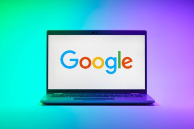 Prag, Çek Cumhuriyeti - 21 Ekim 2024: Google logosunu gösteren modern dizüstü bilgisayar ekranı