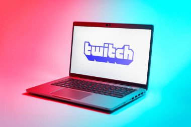 Prag, Çek Cumhuriyeti - 21 Ekim 2024: Yüzey arkaplanındaki modern laptop ekranı seğirme logosunu gösteriyor