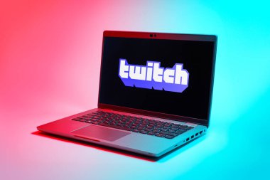 Prag, Çek Cumhuriyeti - 21 Ekim 2024: Yüzey arkaplanındaki modern laptop ekranı seğirme logosunu gösteriyor