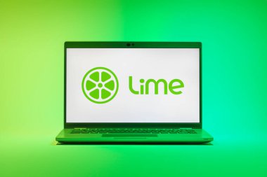 Prag, Çek Cumhuriyeti - 21 Ekim 2024: Yüzey arkaplanındaki modern laptop ekranı çizgi logosunu gösteriyor