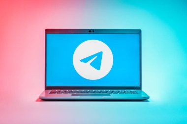 Prag, Çek Cumhuriyeti - 21 Ekim 2024: Telgraf logosunu gösteren modern dizüstü bilgisayar ekranı