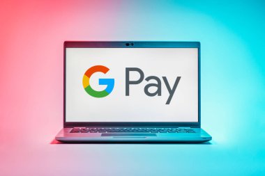 Prag, Çek Cumhuriyeti - 21 Ekim 2024: Google Pay logosunu gösteren modern dizüstü bilgisayar ekranı