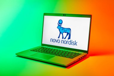 Prag, Çek Cumhuriyeti - 21 Ekim 2024: Novo nordisk logosunu gösteren modern dizüstü bilgisayar ekranı