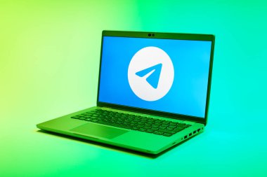 Prag, Çek Cumhuriyeti - 21 Ekim 2024: Telgraf logosunu gösteren modern dizüstü bilgisayar ekranı