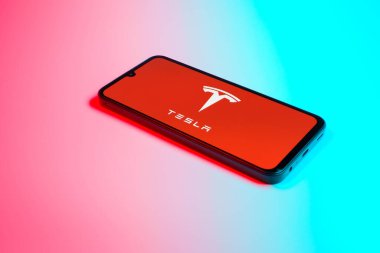 Prag, Çek Cumhuriyeti - 21 Ekim 2024: Tesla logosunu gösteren modern akıllı telefon aygıtı.