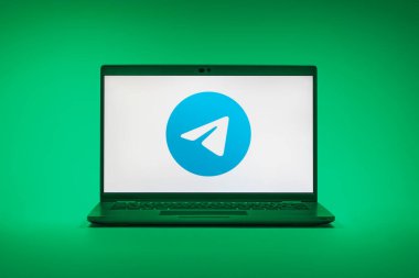 Prag, Çek Cumhuriyeti - 21 Ekim 2024: Telgraf logosunu gösteren modern dizüstü bilgisayar ekranı