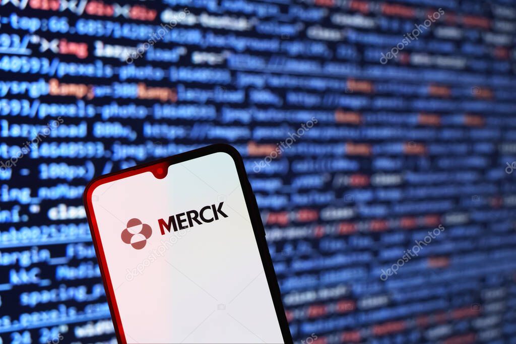Prague, Czechia - 10 21 2024: Smartphone on surface showing Merck logo.