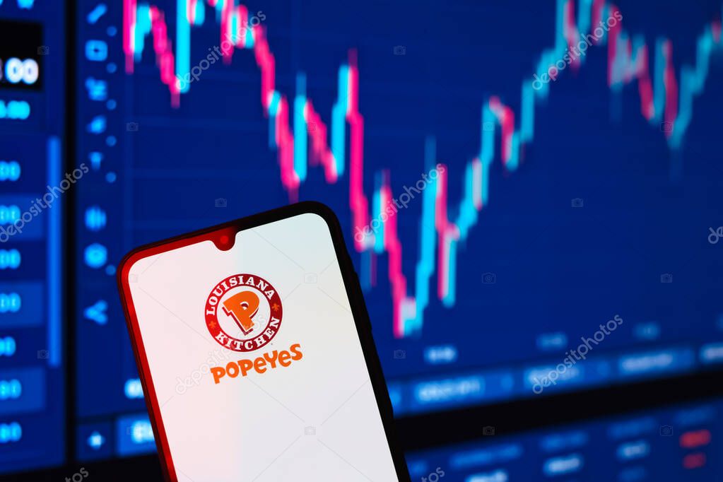 Prague, Czechia - 10 21 2024: Smartphone on surface showing Popeyes logo.