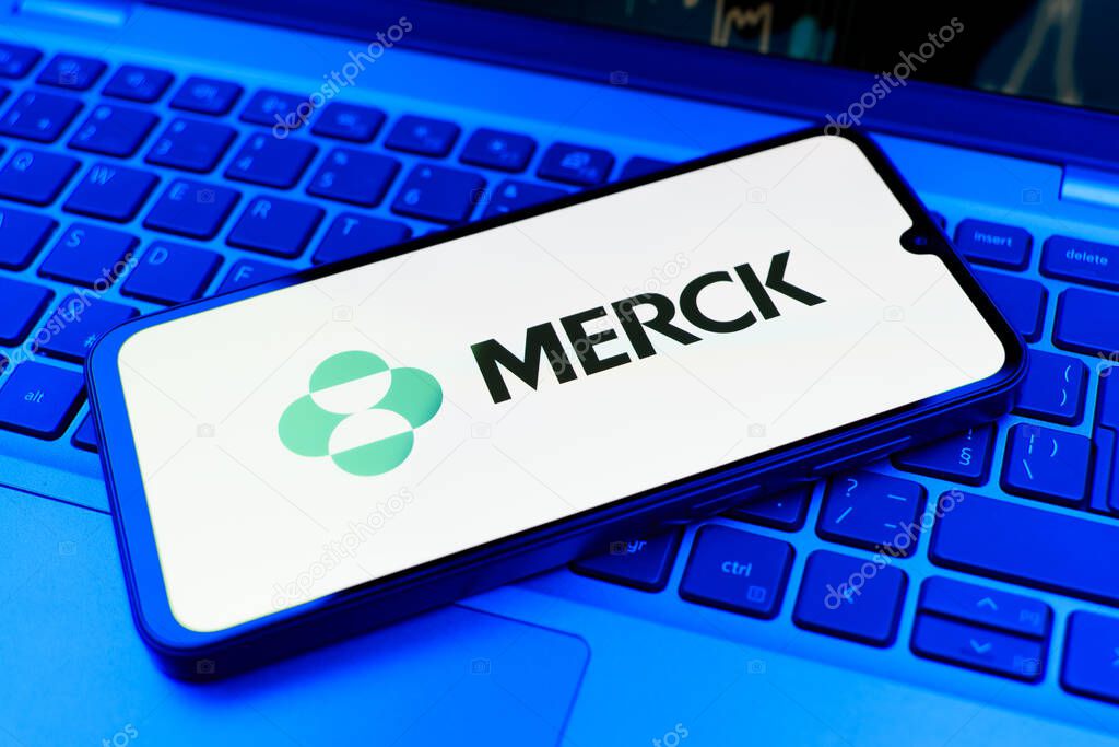 Prague, Czechia - 10 21 2024: Smartphone on surface showing Merck logo.