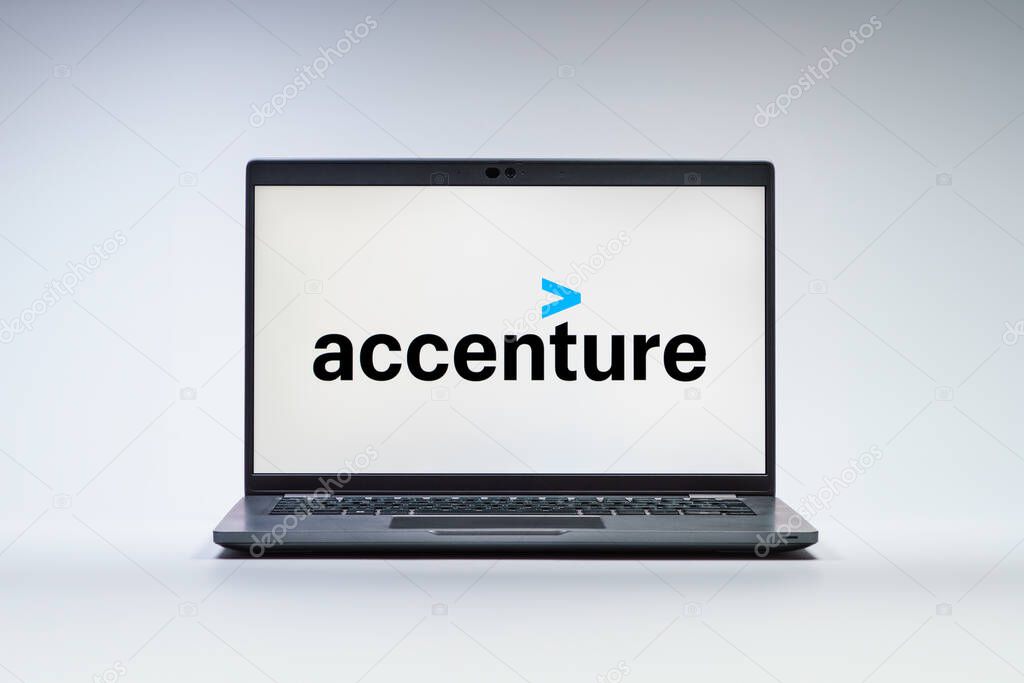 Prague, Czechia - October 21, 2024: Modern laptop screen on surface background showing accenture logo