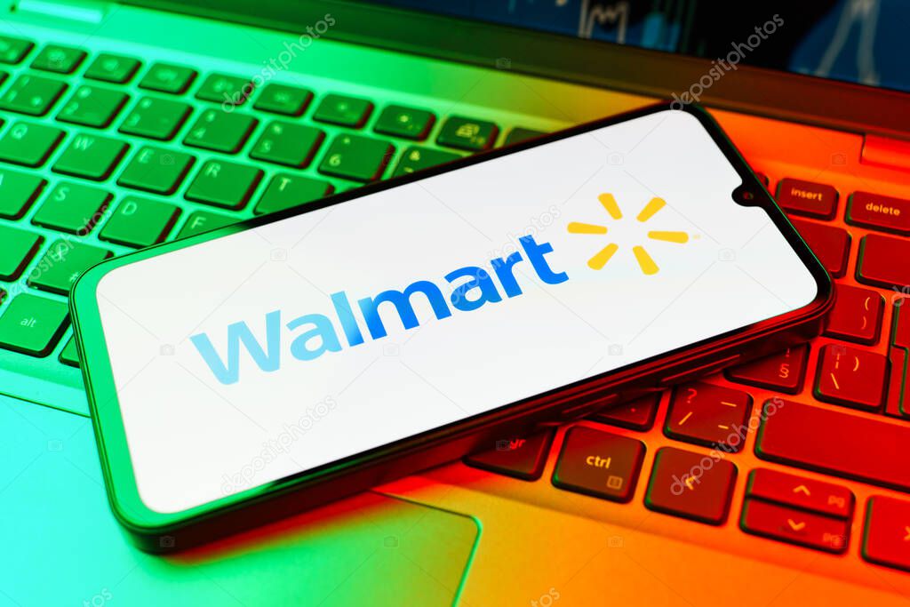 Prague, Czechia - 10 21 2024: Smartphone on surface showing Walmart logo.