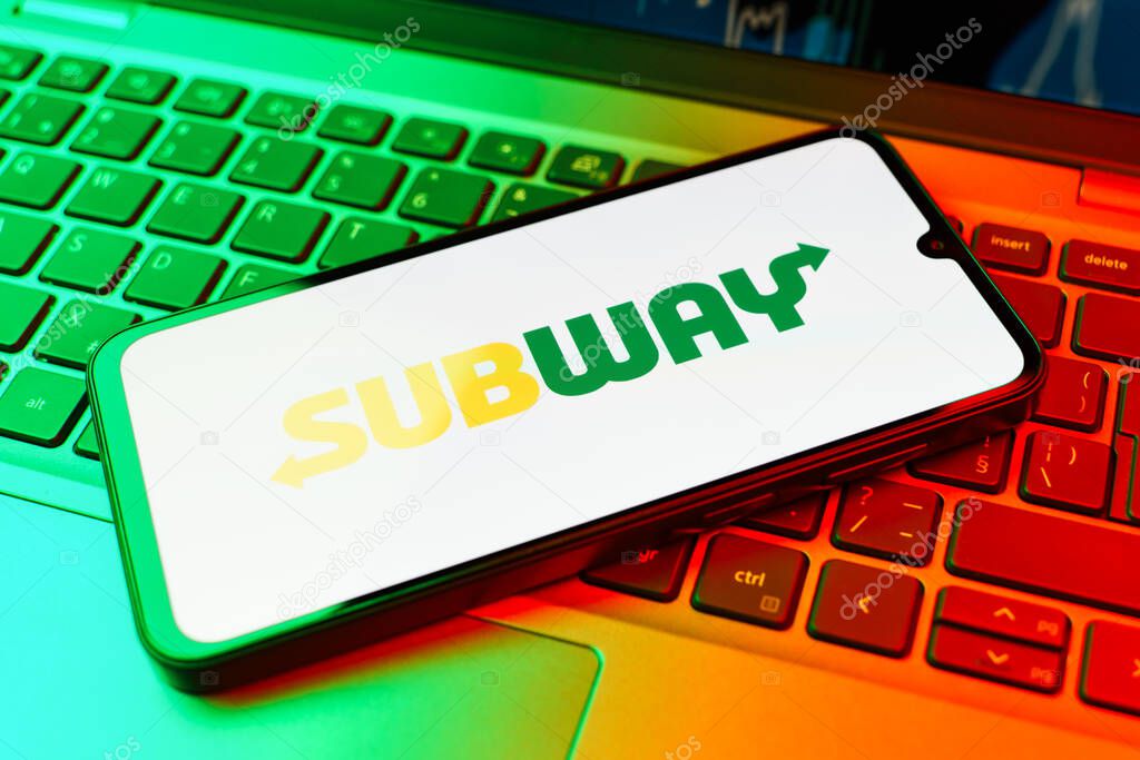 Prague, Czechia - 10 21 2024: Smartphone on surface showing Subway logo.