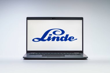 Prag, Çek Cumhuriyeti - 21 Ekim 2024: Linde logosunu gösteren modern laptop ekranı