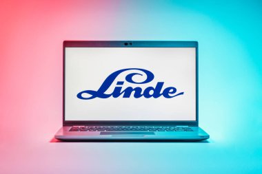 Prag, Çek Cumhuriyeti - 21 Ekim 2024: Linde logosunu gösteren dizüstü bilgisayar ekranı