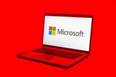 Prag, Çek Cumhuriyeti - 21 Ekim 2024: Microsoft logosunu gösteren dizüstü bilgisayar ekranı