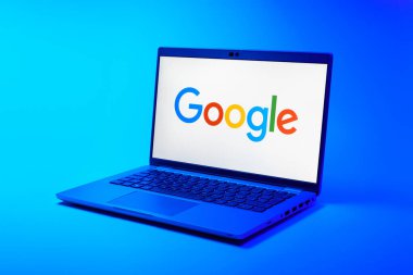 Prag, Çek Cumhuriyeti - 21 Ekim 2024: Google logosunu gösteren dizüstü bilgisayar ekranı