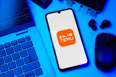 Prag, Çek Cumhuriyeti - 10 21 2024: Temu logosunu gösteren akıllı telefon.