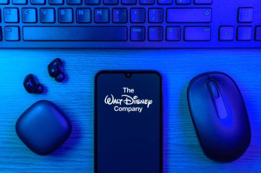 Prag, Çek Cumhuriyeti - 10 21 2024: Walt Disney logosunu gösteren akıllı telefon.