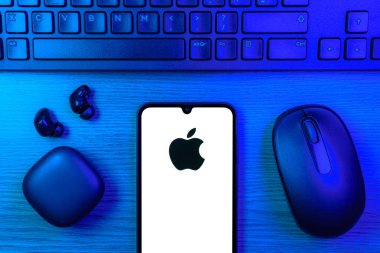 Prag, Çek Cumhuriyeti - 10 21 2024: Apple logosunu gösteren akıllı telefon.