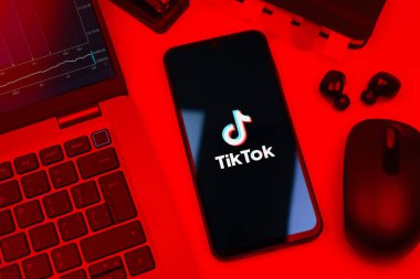 Prag, Çek Cumhuriyeti - 10 21 2024: Tiktok logosunu gösteren akıllı telefon.