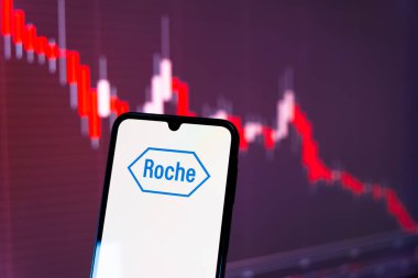 Prag, Çek Cumhuriyeti - 10 21 2024: Roche logosunu gösteren akıllı telefon.