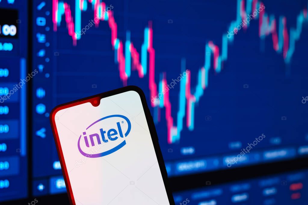 Prague, Czechia - 10 21 2024: Smartphone on surface showing Intel logo.