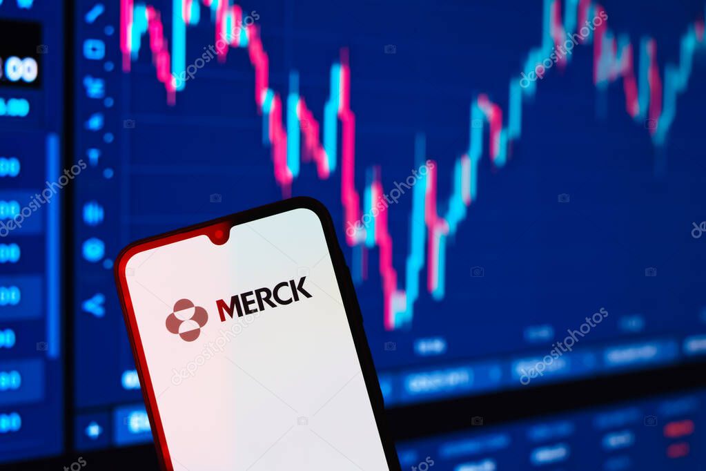 Prague, Czechia - 10 21 2024: Smartphone on surface showing Merck logo.
