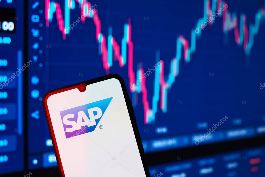 Prague, Czechia - 10 21 2024: Smartphone on surface showing SAP logo.