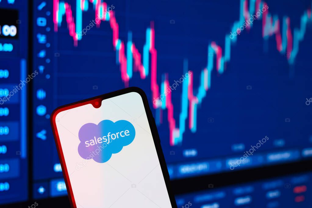 Prague, Czechia - 10 21 2024: Smartphone on surface showing Salesforce logo.