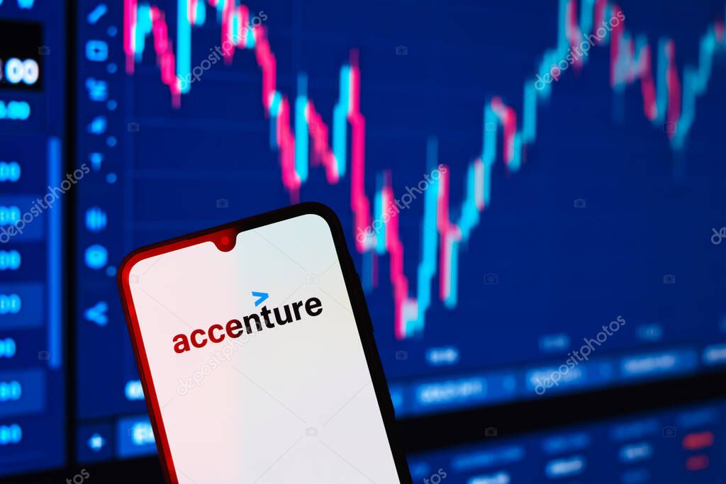 Prague, Czechia - 10 21 2024: Smartphone on surface showing Accenture logo.