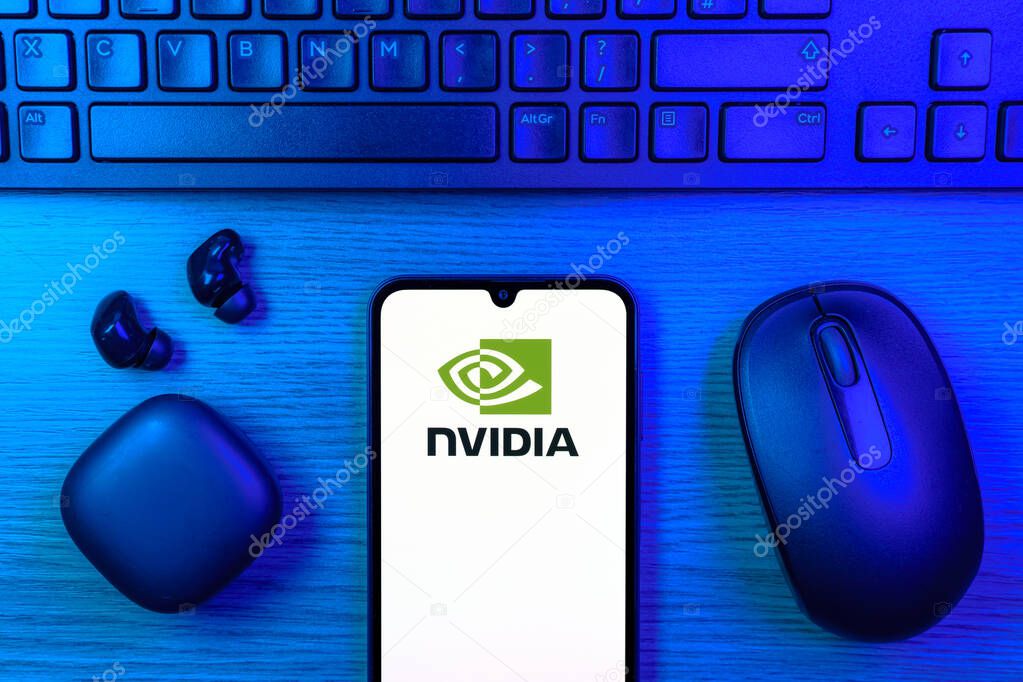 Prague, Czechia - 10 21 2024: Smartphone on surface showing NVIDIA logo.