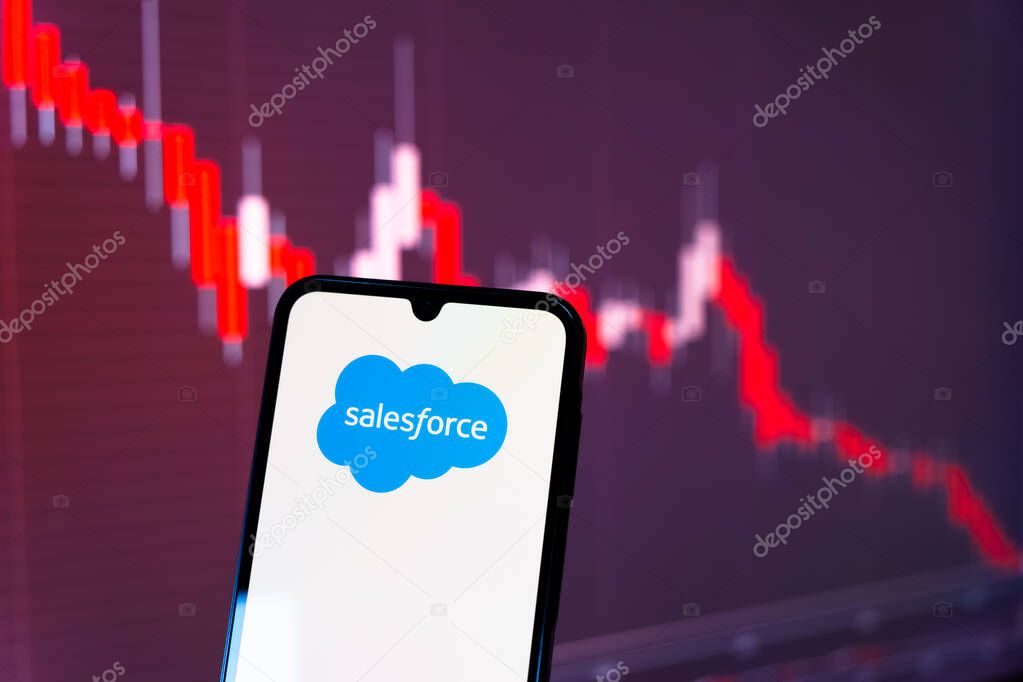 Prague, Czechia - 10 21 2024: Smartphone on surface showing Salesforce logo.