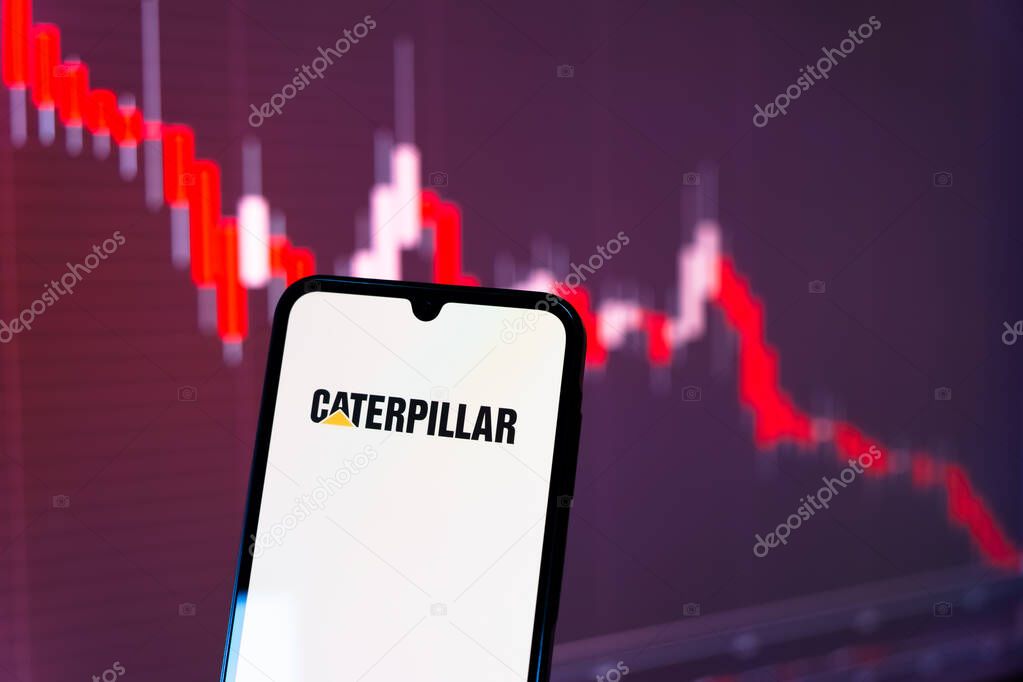 Prague, Czechia - 10 21 2024: Smartphone on surface showing Caterpillar logo.