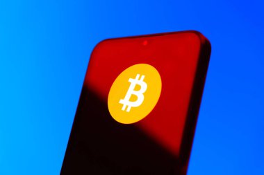 Prag, Çek Cumhuriyeti - 10 21 2024: Bitcoin logosunu gösteren akıllı telefon.