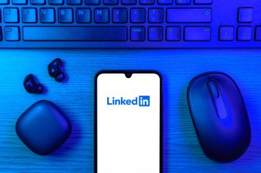 Prag, Çek Cumhuriyeti - 10 21 2024: Yüzeyde LinkedIn logosunu gösteren akıllı telefon.