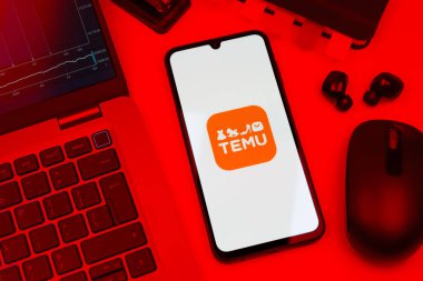 Prag, Çek Cumhuriyeti - 10 21 2024: Temu logosunu gösteren akıllı telefon.