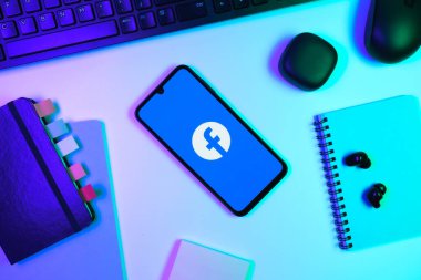 Prag, Çek Cumhuriyeti - 10 21 2024: Facebook logosu gösteren akıllı telefon.