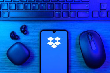 Prag, Çek Cumhuriyeti - 10 21 2024: Dropbox logosunu gösteren akıllı telefon.