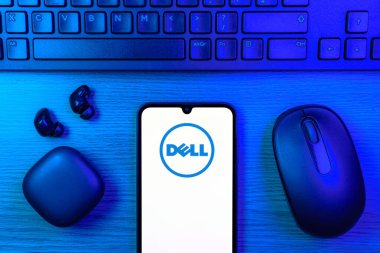 Prag, Çek Cumhuriyeti - 10 21 2024: Dell logosunu gösteren akıllı telefon.