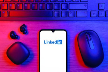 Prag, Çek Cumhuriyeti - 10 21 2024: Yüzeyde LinkedIn logosunu gösteren akıllı telefon.