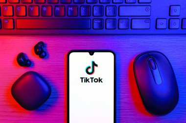 Prag, Çek Cumhuriyeti - 10 21 2024: Tiktok logosunu gösteren akıllı telefon.