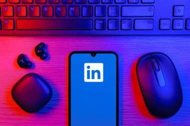 Prag, Çek Cumhuriyeti - 10 21 2024: Yüzeyde LinkedIn logosunu gösteren akıllı telefon.