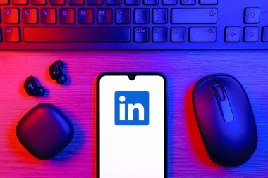 Prag, Çek Cumhuriyeti - 10 21 2024: Yüzeyde LinkedIn logosunu gösteren akıllı telefon.