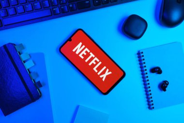 Prag, Çek Cumhuriyeti - 10 21 2024: Netflix logosunu gösteren akıllı telefon.